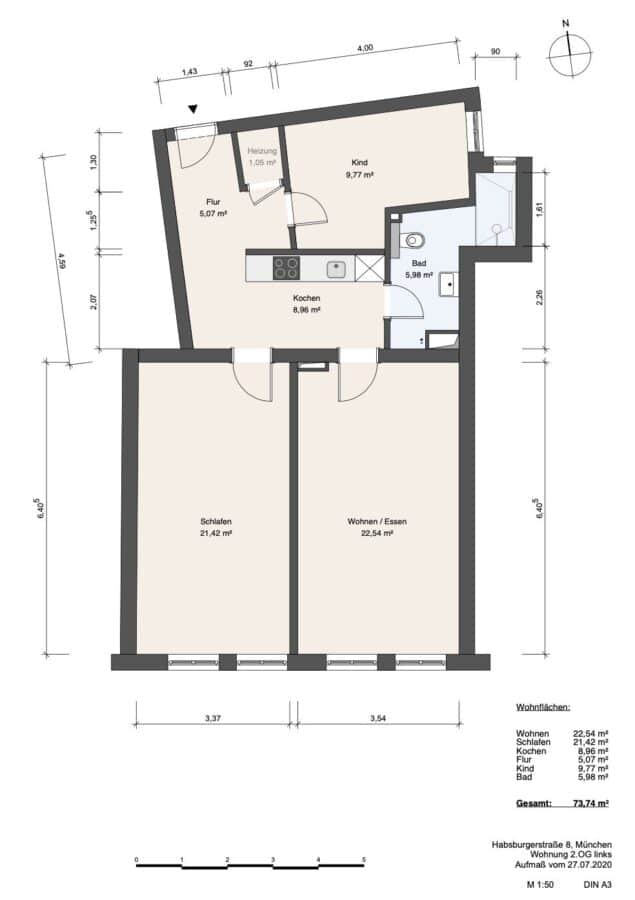 Traumhafte 3-Zimmer Wohnung im Herzen von Schwabing zum Erstbezug nach Renovierung - Grundriss und Flächen