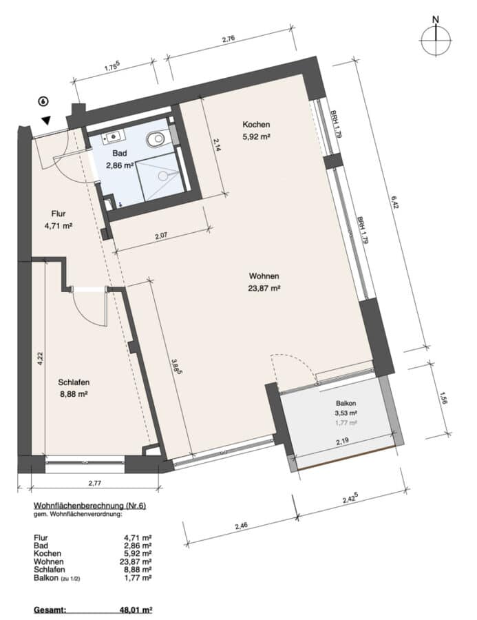 Sonnige und renovierte 2-Zimmer Wohnung mit Südbalkon - Grundriss und Flächen