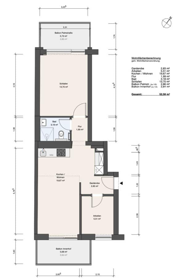 Traumhaft renovierte 2,5-Zimmerwohnung mit zwei Balkonen in der Isarvorstadt - Grundriss+Flächen
